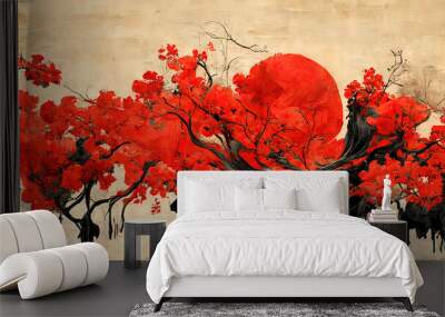 Traditional painting chinese ink red landscape. Painting of hills, trees on a textured paper. Old Asian, japanese design. 4k drawing. Beautiful artwork. Wall mural