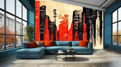 Traditional painting chinese ink red landscape. Painting of hills, trees on a textured paper. Old Asian, japanese design. 4k drawing. Beautiful artwork. Wall mural