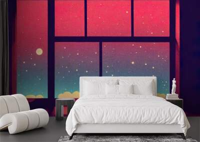 View of a starry night sky from the window. Colorful artwork with window frame. Red sky with clouds and stars. Simple minimal beautiful textured background. Vintage design.  Wall mural