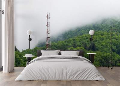 cell tower in remote locations. antenna tower in the forest. radio tower in a subtropical forest. de Wall mural