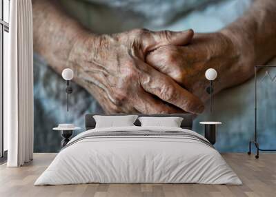 Hands of an old woman folded one over the other. Elderly woman with folded hands. Hands of an old woman close up. Wall mural