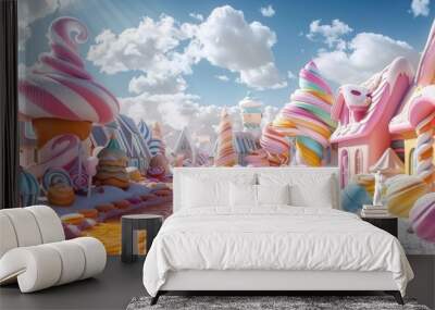 A whimsical candy land with colorful confections. Realistic. Wall mural