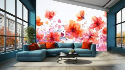 Abstract spring flowers in watercolor on a white backdrop. Wall mural