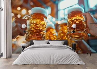 Group of people raising beer steins in a joyful toast under decorative lights. Wall mural