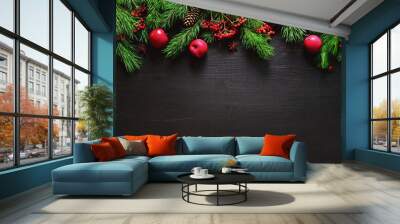 Christmas natural decor background, flat lay Wall mural