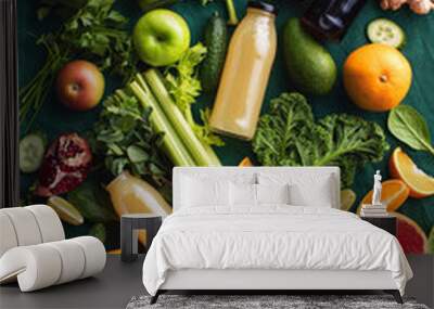 Fresh fruit and vegetable smoothies or juice in bottles with various ingredients around Wall mural