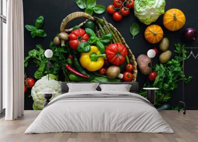 Fresh vegetables on a dark kitchen surface Wall mural