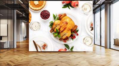 Turkey or chicken served with light white wine for festive dinner, top down view Wall mural