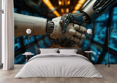 A close-up image portrays two robotic hands reaching out to each other, symbolizing the advancement of robotics technology and human-robot interaction. Wall mural