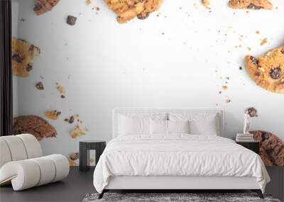 homemade chocolate chips cookies on white background in top view Wall mural