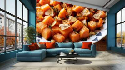 Roasted sweet potato plate. Baked root vegetable cubes with garlic and thyme herb. Wall mural