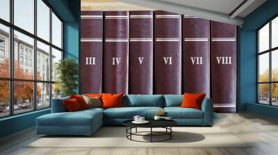 Ten book volumes in row. Roman numerals on hardback book spine. Home library bookshelf banner. Wall mural