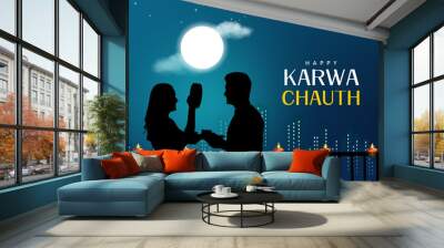 illustration of Indian Hindu Festival happy Karva Chauth background with couple doing Karwa Chauth. Wall mural