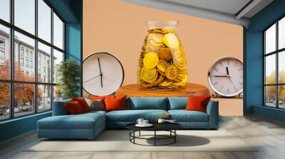 Save gold in a glass jar with precious time. Real estate and valuables Gold coins World gold market Gold stocks Invest in gold Wall mural