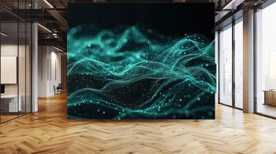 An abstract wave of turquoise-colored digital particles flowing over a dark background with a bokeh effect Wall mural