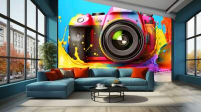 Bright professional digital camera in bright paint splatter on blue background Wall mural