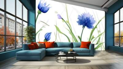 Painted cornflowers are blue with green leaves on a white background Wall mural