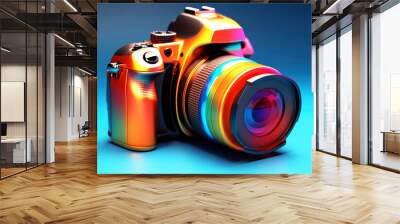 World Photography Day concept. Bright glamorous compact digital camera with cool lens on blue background Wall mural