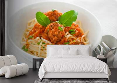 Original Italian spaghetti with meatballs in tomato sauce Wall mural