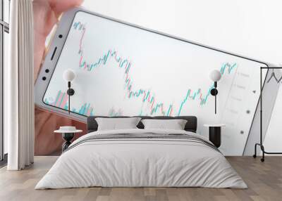 Stock market or forex trading graph and candlestick chart on mobile device in businessman hand. Economy trends idea. Online finance trading, financial investment concept. On white Wall mural