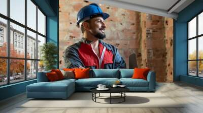 Bricklayer poses smiling while renovating a bathroom Wall mural