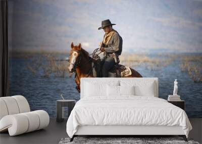 cowboy and horse at first light,mountain, river and lifestyle with natural light background	 Wall mural