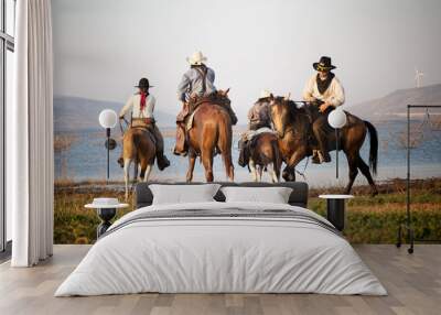 cowboy and horse  at first light,mountain, river and lifestyle with natural light background Wall mural