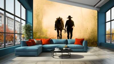 The silhouette of  rider as cowboy outfit costume with a horses and a gun held in the hand against smoke and sunset background Wall mural