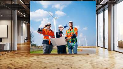 Wind turbine service engineer maintenance and plan for inspection at construction site, renewable electricity generator. Wall mural