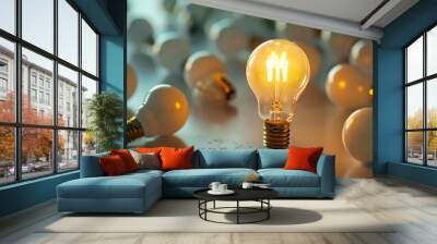 Illuminating Marketing Strategy: Light bulb sparking multiple ideas for creativity and innovation in business planning. Wall mural