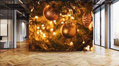 golden ball ball on a decorated Christmas tree with festive lights Wall mural