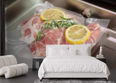 Sous vide steak with rosemary and lemons in vacuumed package. Wall mural