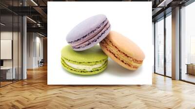 Sweet colorful varied assortment macarons cookies with filling isolated on a white background. Handmade traditional sweets. Clipping Path.	 Wall mural