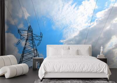 Overhead transmission of electricity through high voltage lines with ropes between high columns. Wall mural