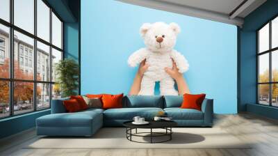 Baby boy hands holding smiling white teddy bear on light blue table background. Pastel color. Closeup. Point of view shot. Kids best friend. Top down view. Wall mural