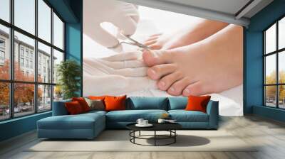 Hands in gloves cares about a woman's foot nails. Pedicure, manicure beauty salon concept. Foot fingernails cutting with scissors. Wall mural