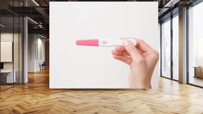 Young woman's hand holding pregnancy test with two stripes on gray background. Positive result. Closeup. Point view shot. Empty place for text.  Wall mural