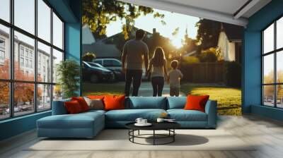 A family enjoys a sunset stroll, hand in hand, along a serene suburban street with cozy homes and vibrant greenery Wall mural