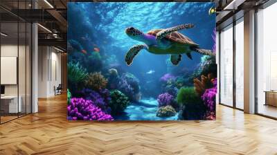 A green sea turtle gliding through vibrant coral reefs in crystal-clear tropical waters during midday Wall mural