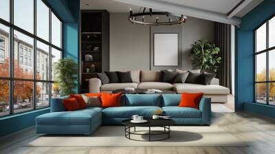 A modern living room featuring a spacious sectional sofa, stylish coffee table, and large windows with natural light in a contemporary home setting Wall mural