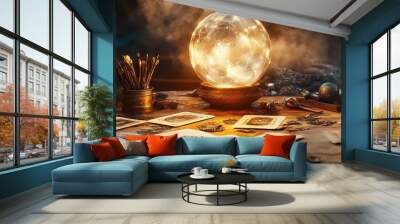 A mystical crystal ball surrounded by candles and tarot cards on a wooden table in a dimly lit magical setting Wall mural