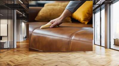 A person cleans a brown leather sofa in a cozy living room during the afternoon, ensuring its shine and longevity Wall mural