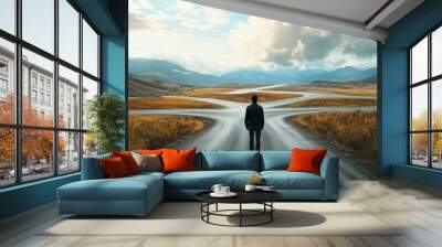 A person standing at a crossroads in a scenic landscape with mountains and cloudy skies during the day Wall mural