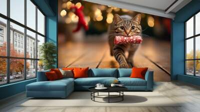 A playful cat carries a Christmas gift in its mouth while walking on a wooden floor surrounded by festive decorations Wall mural