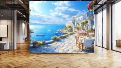 A scenic seaside dining area adorned with flowers and blue water views in a charming coastal town on a sunny day Wall mural