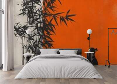 A serene figure in traditional attire stands beside bamboo against a vibrant orange backdrop, showcasing harmony and tranquility in nature Wall mural