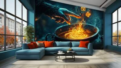 A sorcerer's hand casting spells over a bubbling cauldron surrounded by mystical symbols in an ancient chamber at dusk Wall mural