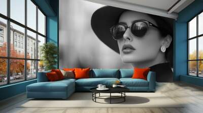 A stylish woman in a black turtleneck and sunglasses walks through a city street in black and white, capturing a timeless moment Wall mural