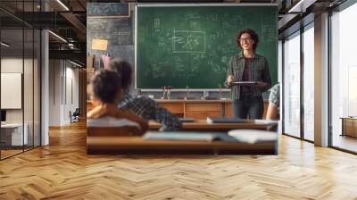 A teacher engages students in a dynamic classroom discussion about science concepts during a sunny afternoon in a high school Wall mural