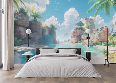 A tranquil oasis with clear turquoise water, lush greenery, and a gentle waterfall surrounded by large rocks under a bright sky Wall mural